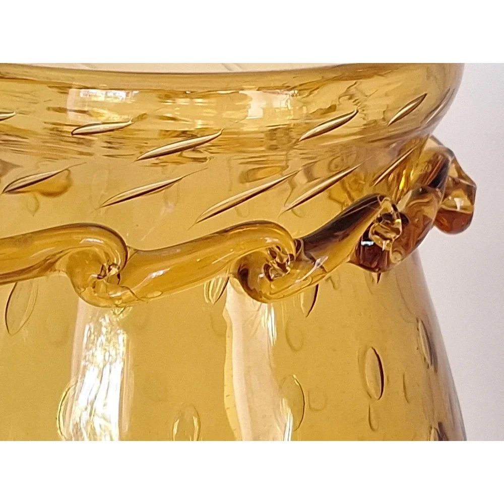 Vintage Amber Controlled Bubble Art Glass Pedestal Vase Applied Rigaree 1960s